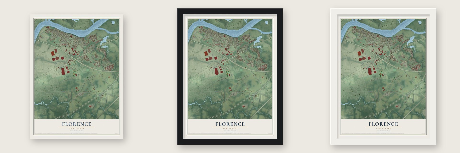 Florence, New Jersey map unframed, in a black wood frame and in a white wood frame