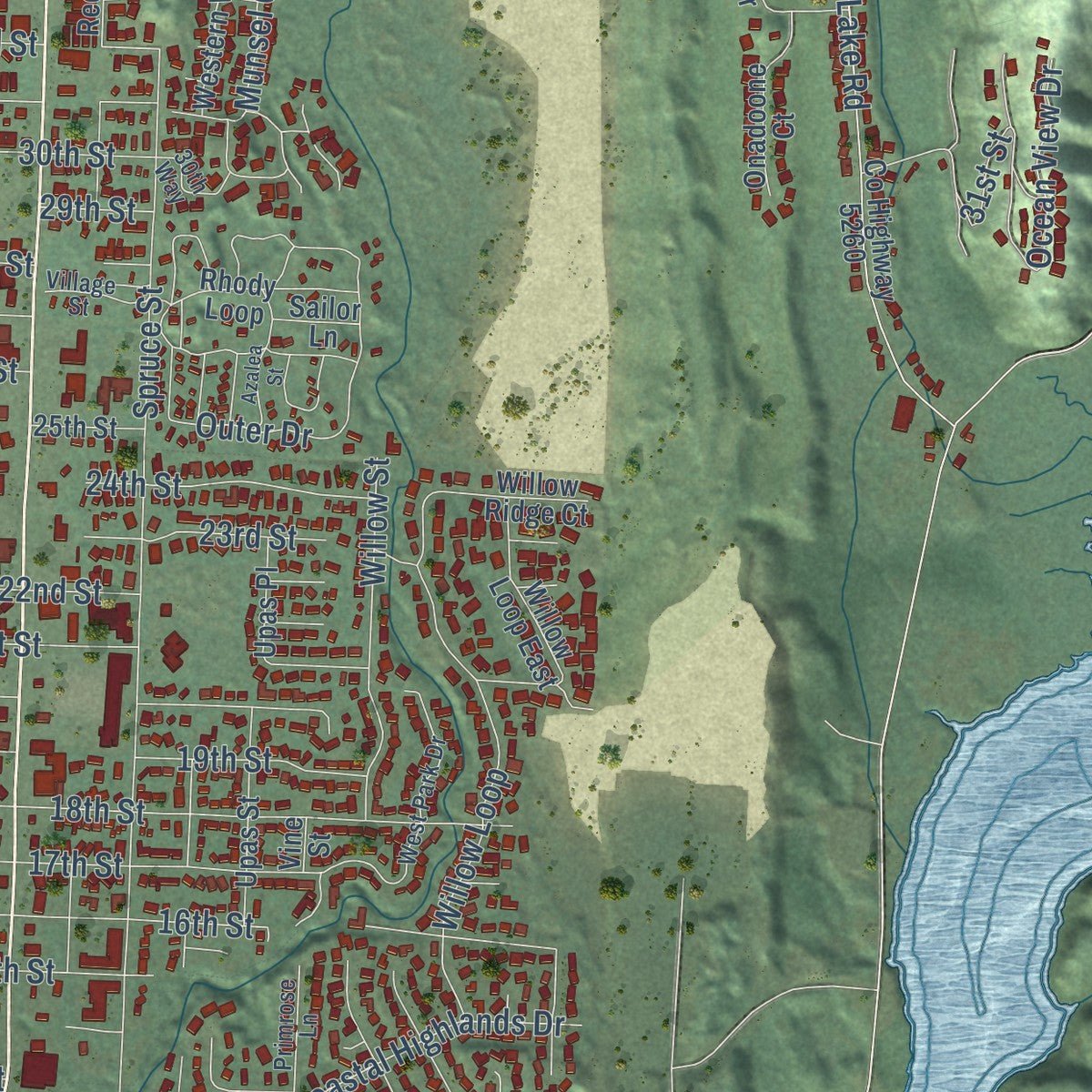 Second close-up of the map of Florence, Oregon print showing more streets and buildings