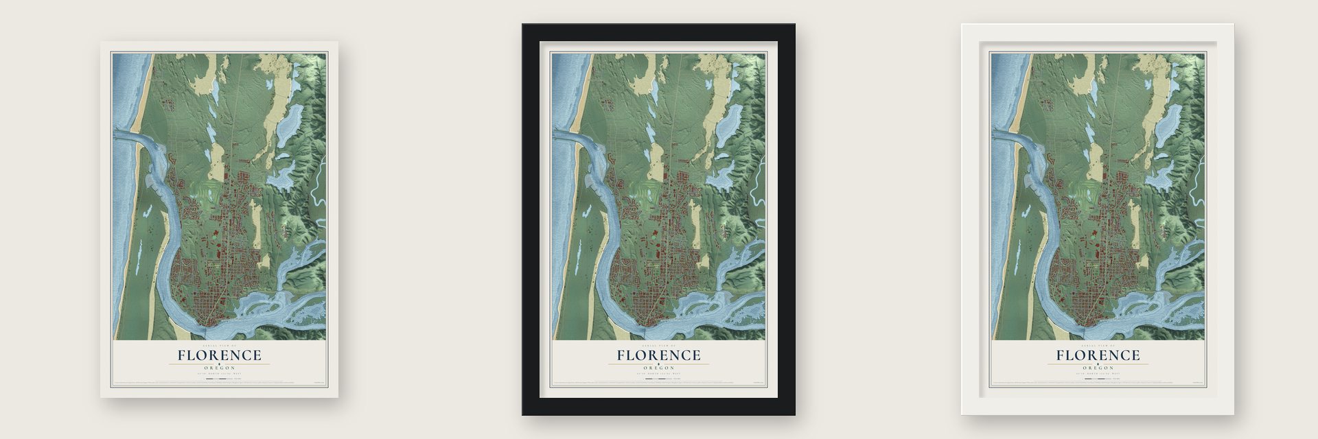Florence, Oregon map unframed, in a black wood frame and in a white wood frame