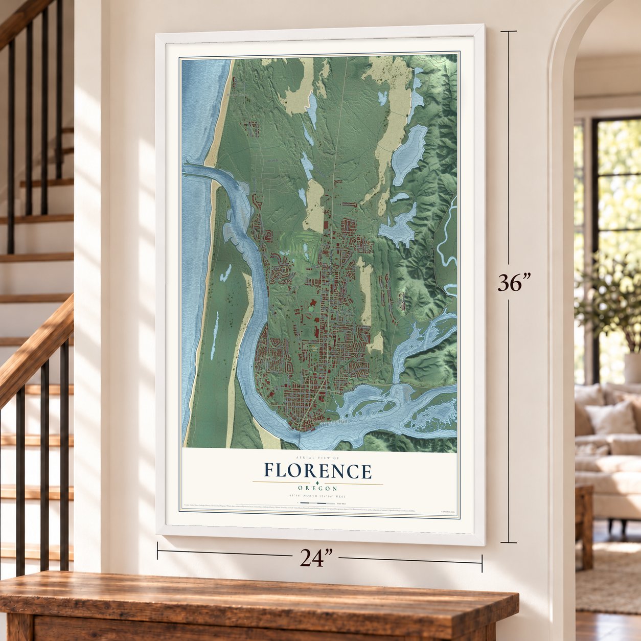 Florence, Oregon map, 24 x 36 inch print in a white frame by a staircase