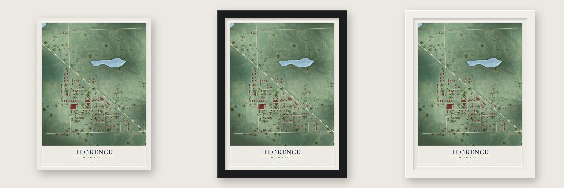 Florence, South Dakota map unframed, in a black wood frame and in a white wood frame