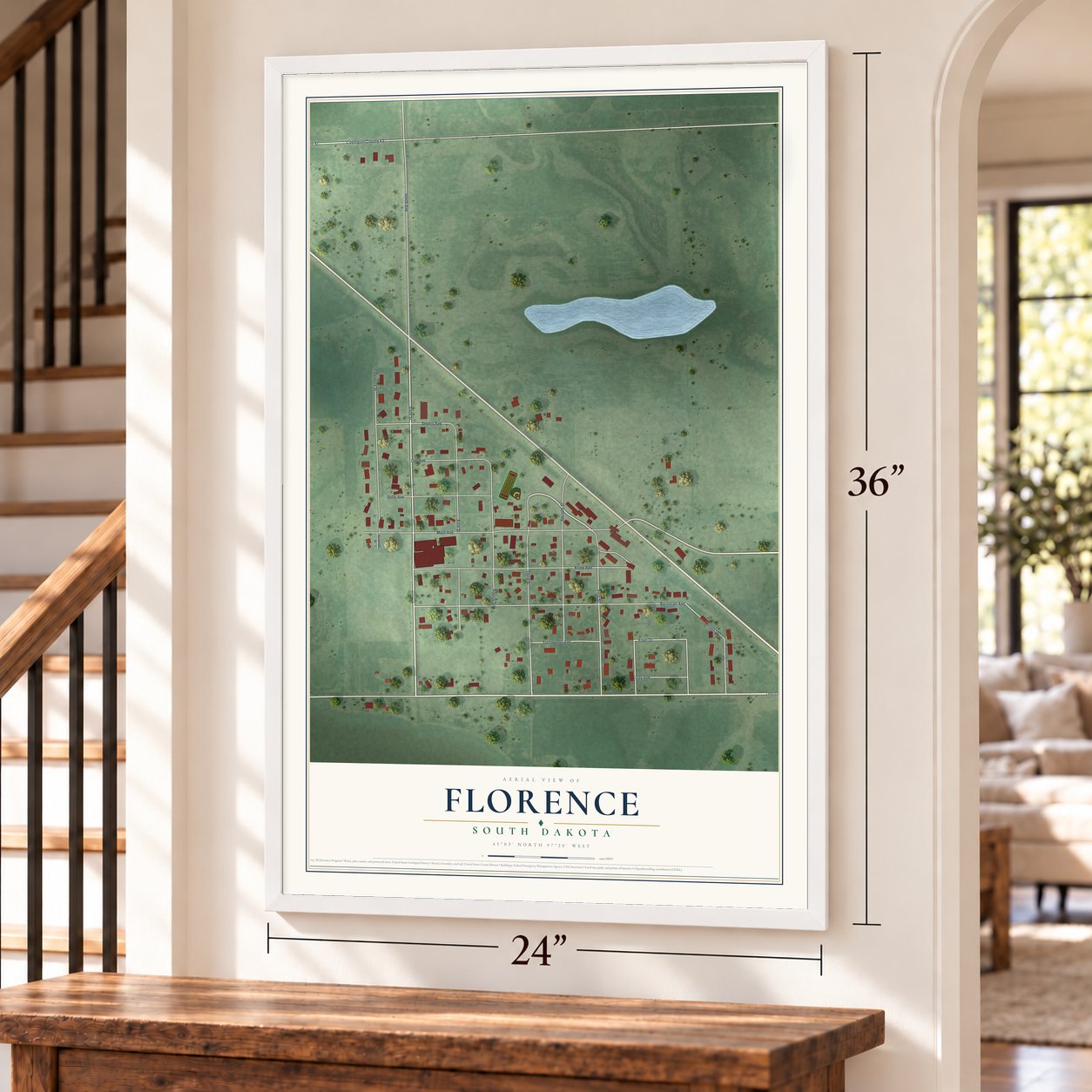 Florence, South Dakota map, 24 x 36 inch print in a white frame by a staircase