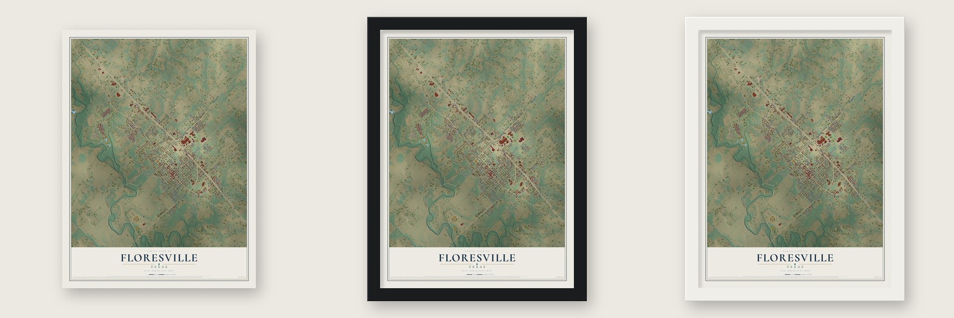 Floresville, Texas map unframed, in a black wood frame and in a white wood frame