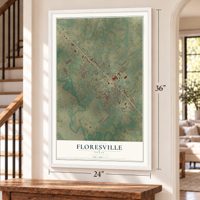 Floresville, Texas map, 24 x 36 inch print in a white frame by a staircase