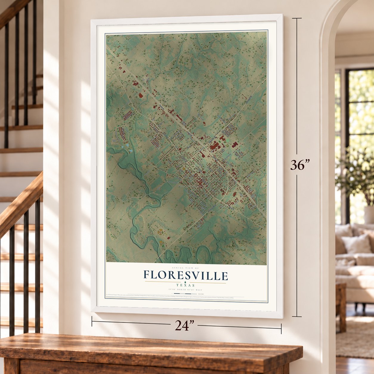 Floresville, Texas map, 24 x 36 inch print in a white frame by a staircase