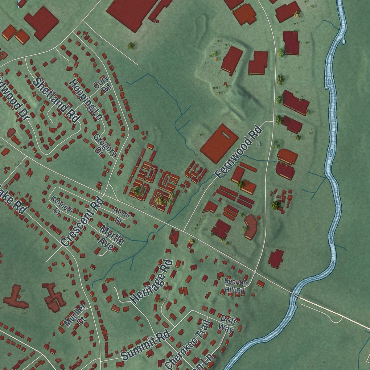 Second close-up of the map of Florham Park, New Jersey print showing more streets and buildings