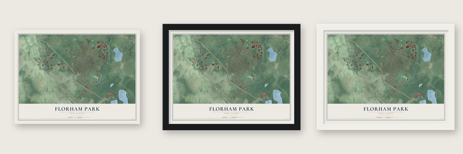 Florham Park, New Jersey map unframed, in a black wood frame and in a white wood frame