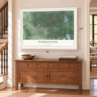 Florham Park, New Jersey map, 24 x 36 inch print in a white frame above a dresser by a staircase