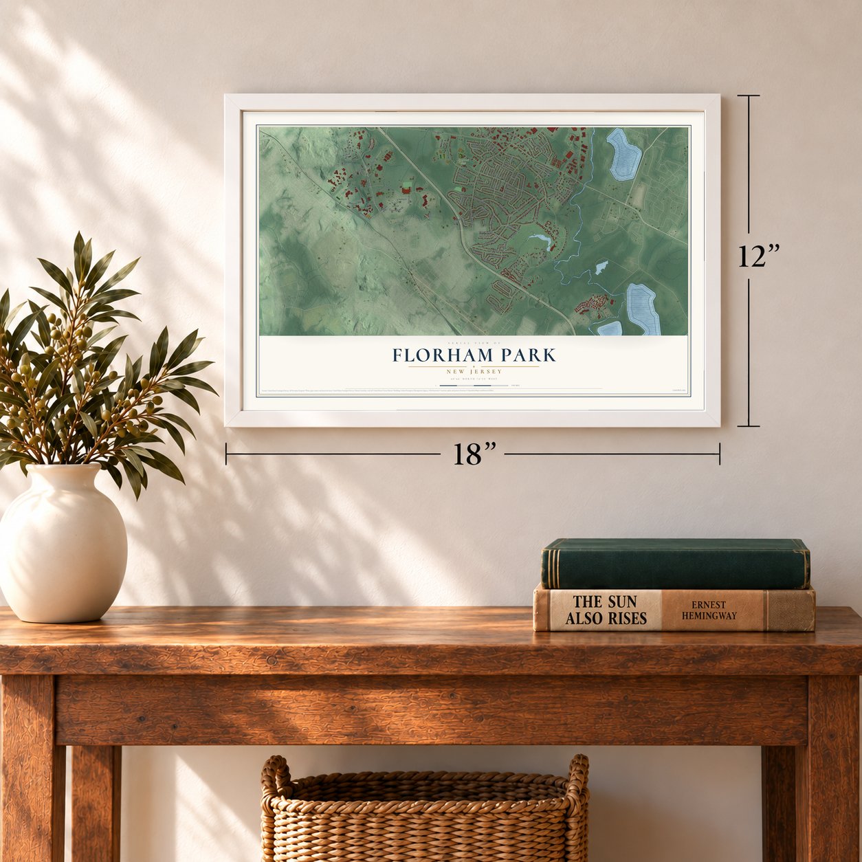 Florham Park, New Jersey map, 12 x 18 inch print in a white frame in an entryway