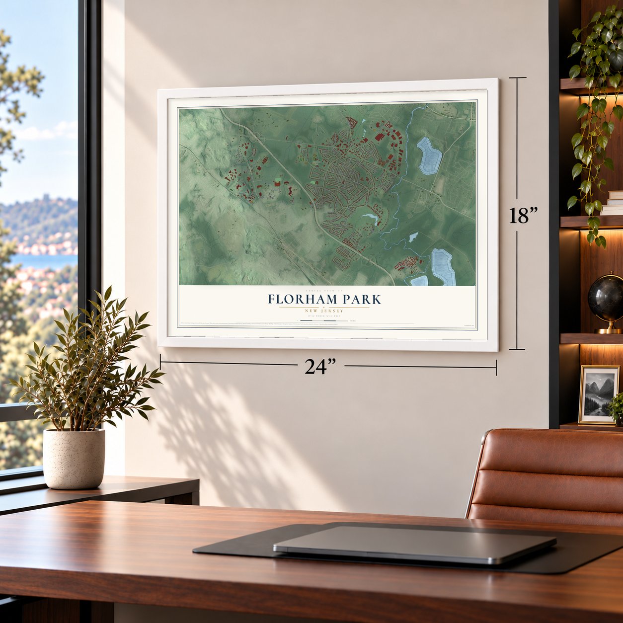 Florham Park, New Jersey map, 18 x 24 inch print in a white frame in a home office