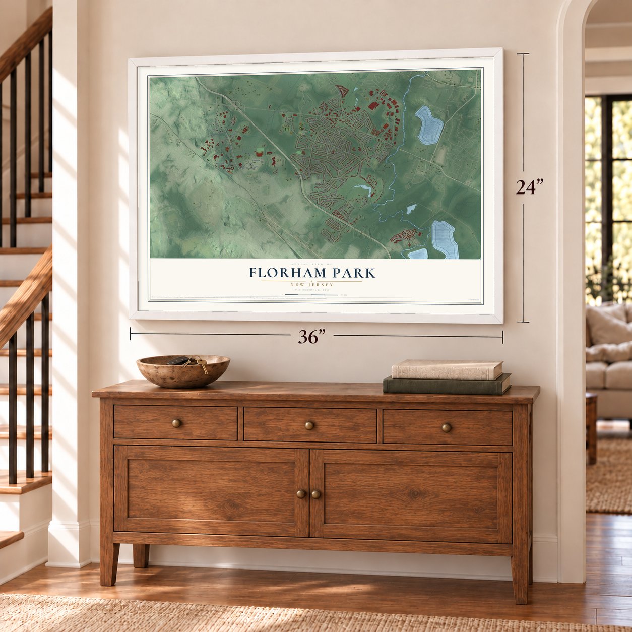 Florham Park, New Jersey map, 24 x 36 inch print in a white frame above a dresser by a staircase