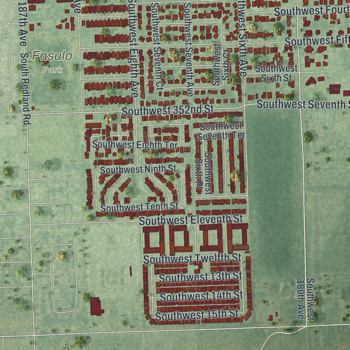 Second close-up of the map of Florida City, Florida print showing more streets and buildings