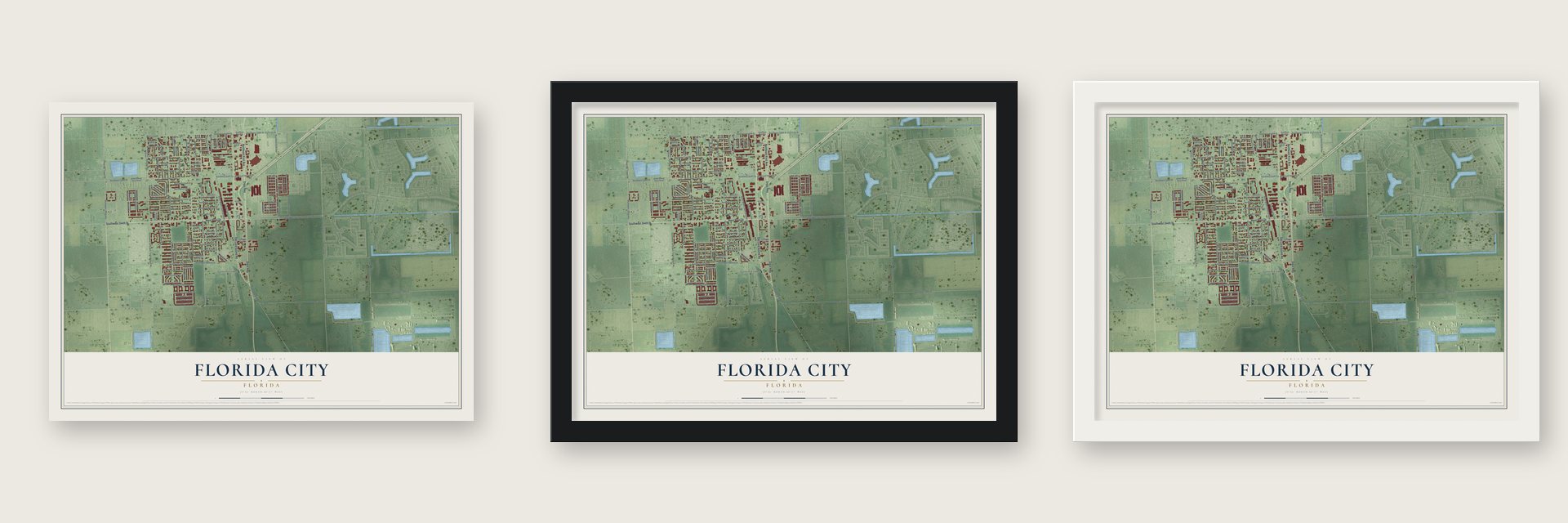 Florida City, Florida map unframed, in a black wood frame and in a white wood frame