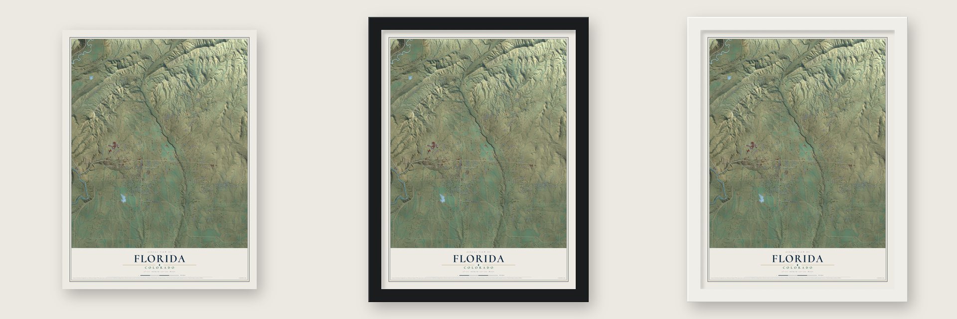 Florida, Colorado map unframed, in a black wood frame and in a white wood frame