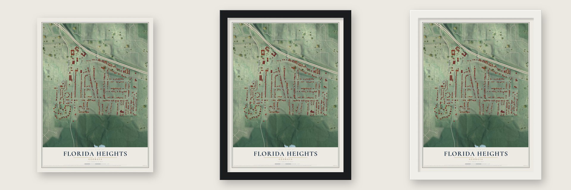 Florida Heights, Georgia map unframed, in a black wood frame and in a white wood frame