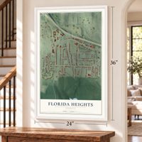 Florida Heights, Georgia map, 24 x 36 inch print in a white frame by a staircase