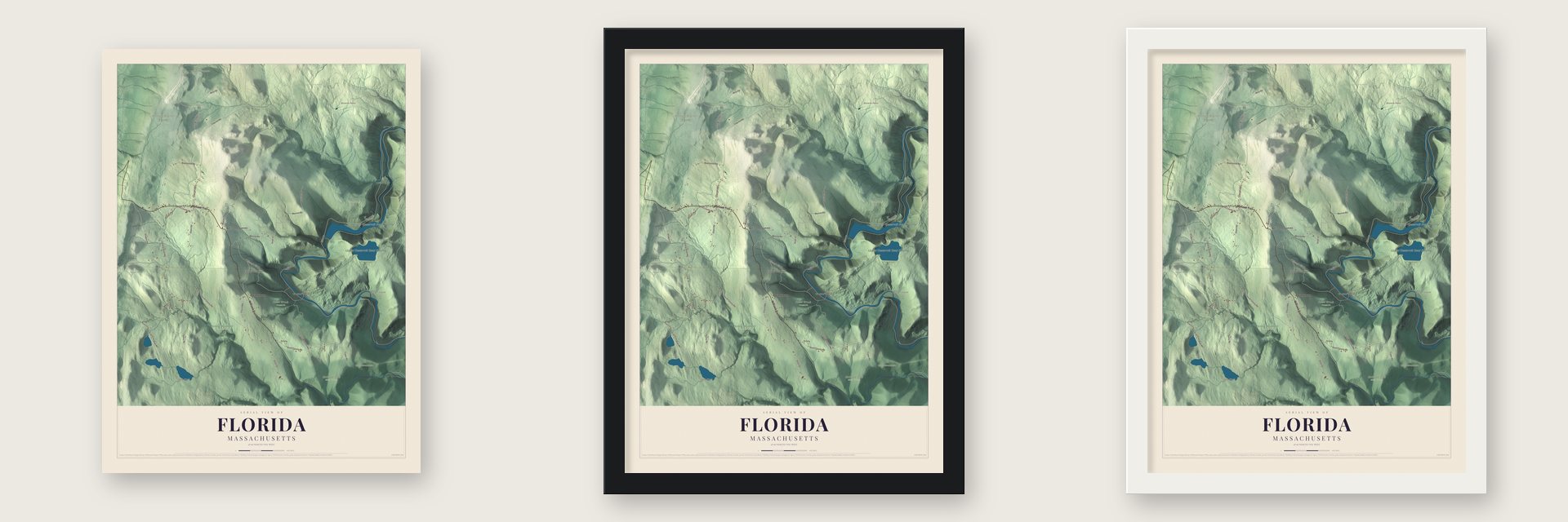 Florida, Massachusetts map unframed, in a black wood frame and in a white wood frame