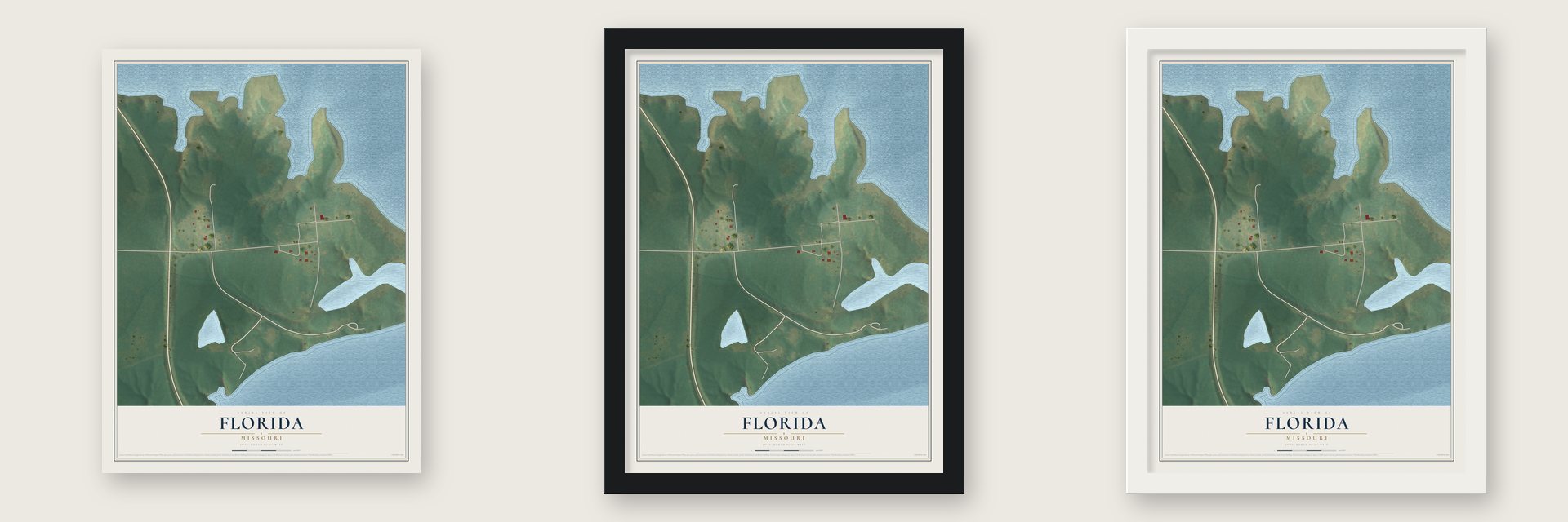 Florida, Missouri map unframed, in a black wood frame and in a white wood frame