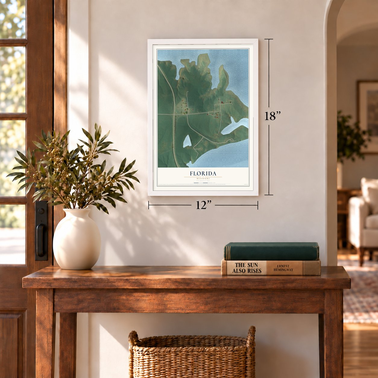 Florida, Missouri map, 12 x 18 inch print in a white frame in an entryway