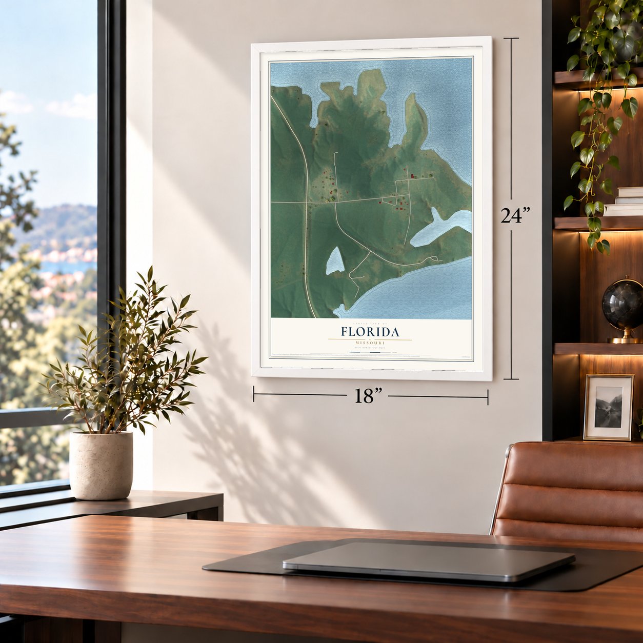 Florida, Missouri map, 18 x 24 inch print in a white frame in a home office