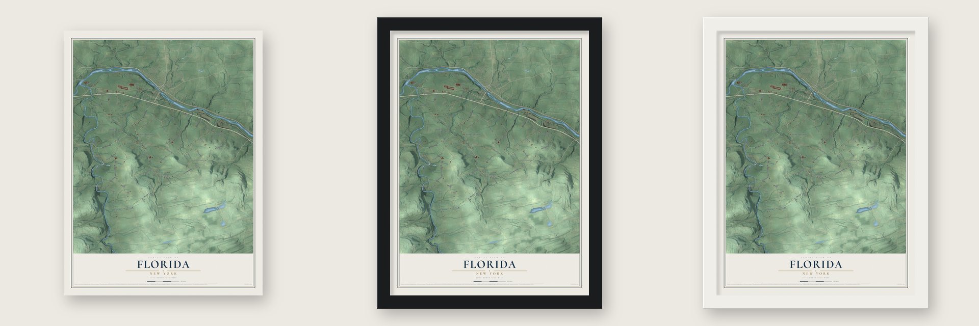 Florida, New York map unframed, in a black wood frame and in a white wood frame