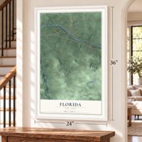 Florida, New York map, 24 x 36 inch print in a white frame by a staircase