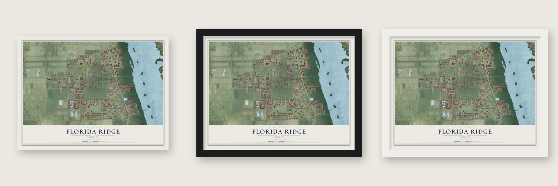 Florida Ridge, Florida map unframed, in a black wood frame and in a white wood frame