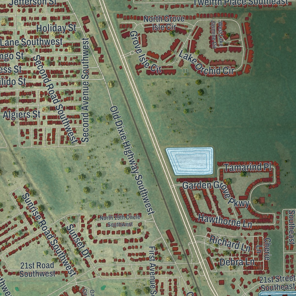 Second close-up of the map of Florida Ridge, Florida print showing more streets and buildings