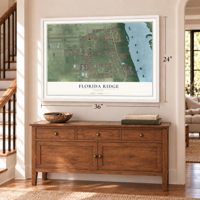 Florida Ridge, Florida map, 24 x 36 inch print in a white frame above a dresser by a staircase