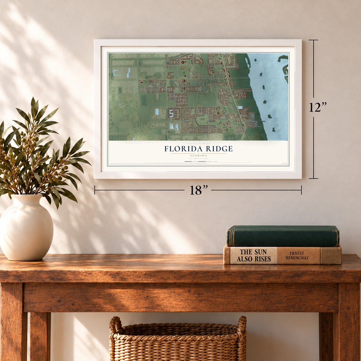 Florida Ridge, Florida map, 12 x 18 inch print in a white frame in an entryway