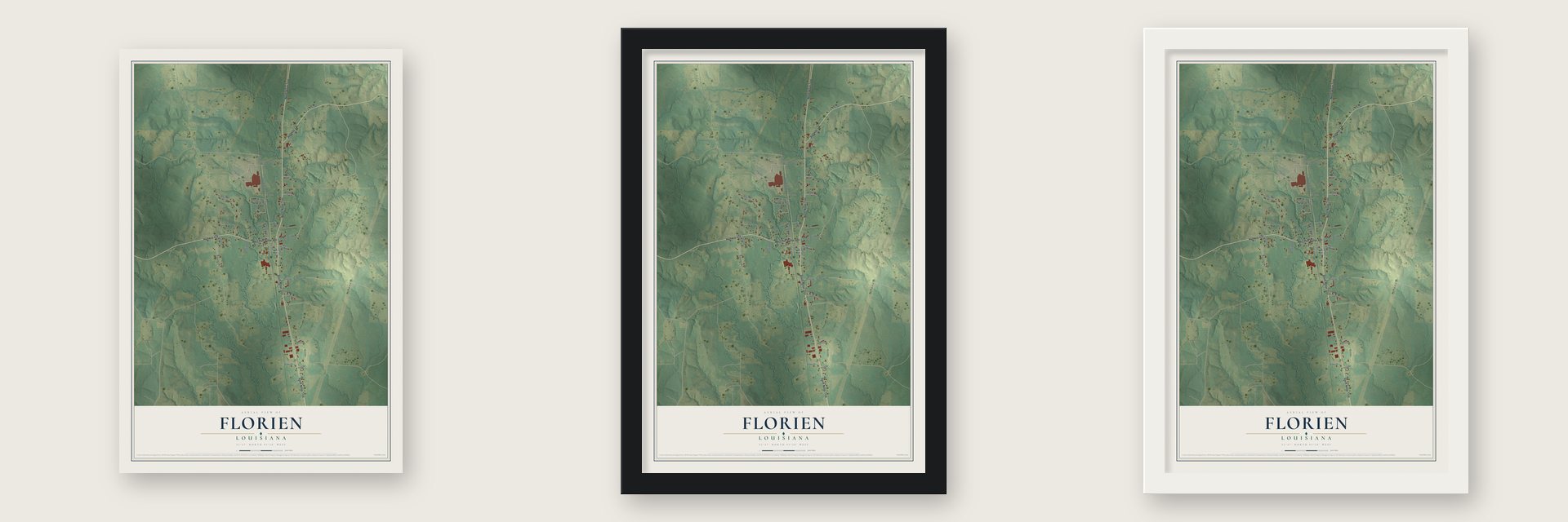Florien, Louisiana map unframed, in a black wood frame and in a white wood frame