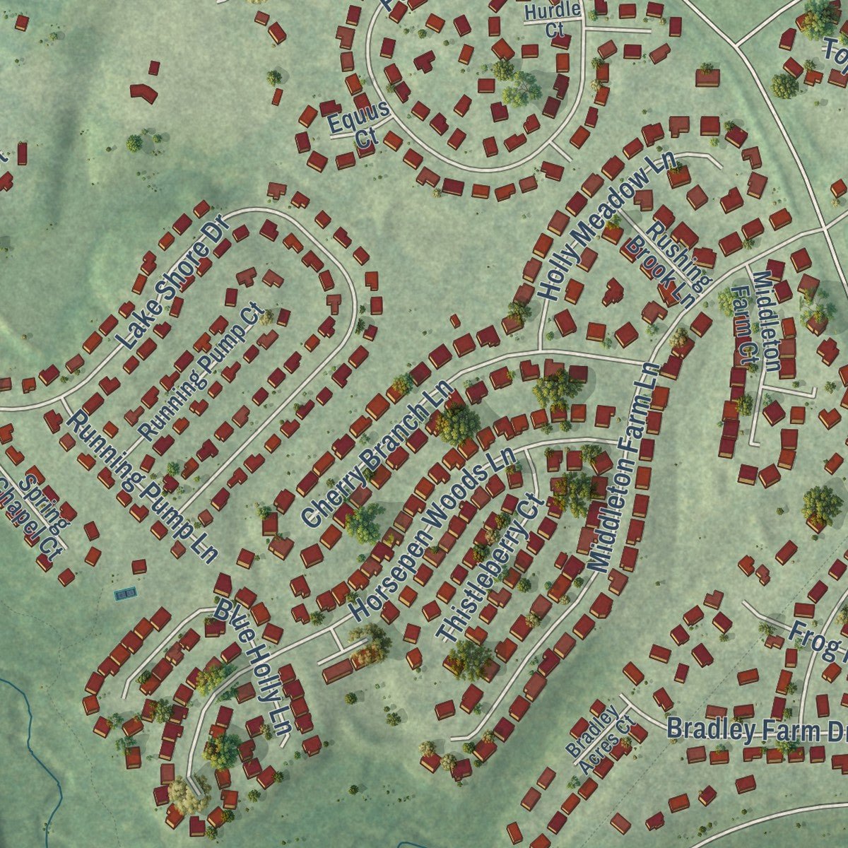 Second close-up of the map of Floris, Virginia print showing more streets and buildings