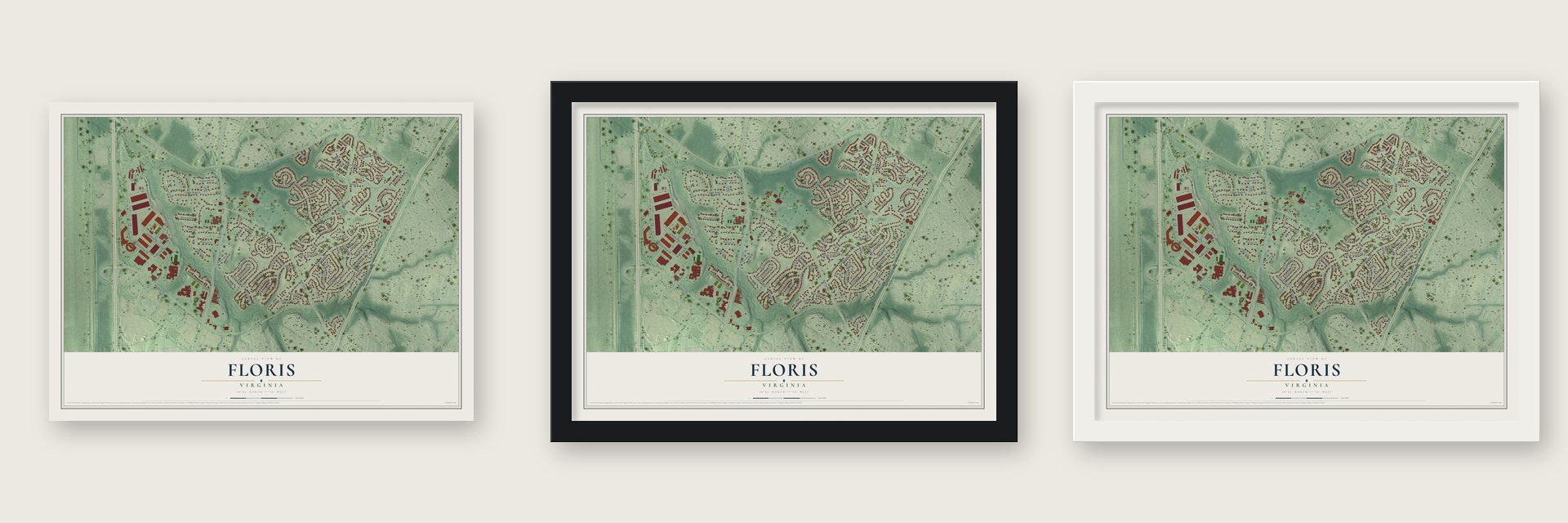 Floris, Virginia map unframed, in a black wood frame and in a white wood frame
