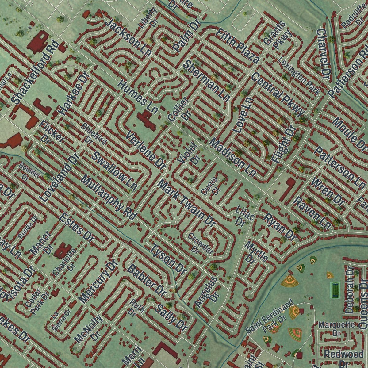 Second close-up of the map of Florissant, Missouri print showing more streets and buildings