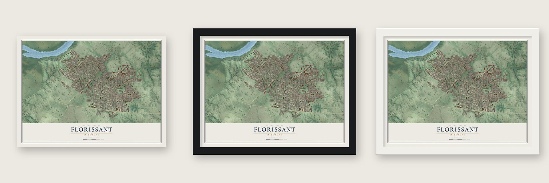 Florissant, Missouri map unframed, in a black wood frame and in a white wood frame