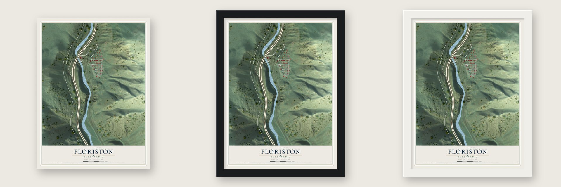 Floriston, California map unframed, in a black wood frame and in a white wood frame
