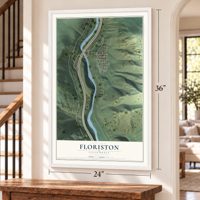 Floriston, California map, 24 x 36 inch print in a white frame by a staircase
