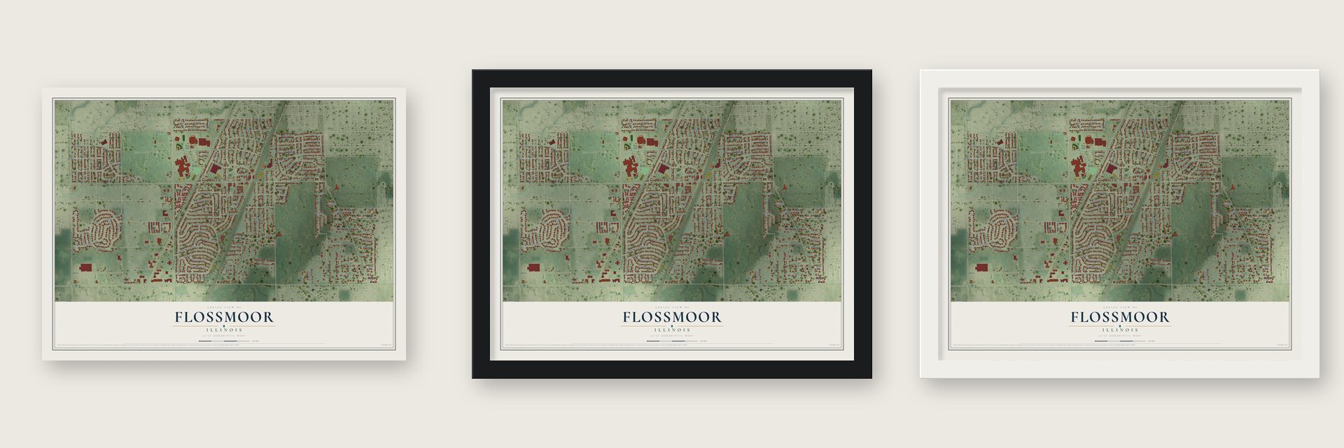 Flossmoor, Illinois map unframed, in a black wood frame and in a white wood frame