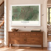Flossmoor, Illinois map, 24 x 36 inch print in a white frame above a dresser by a staircase