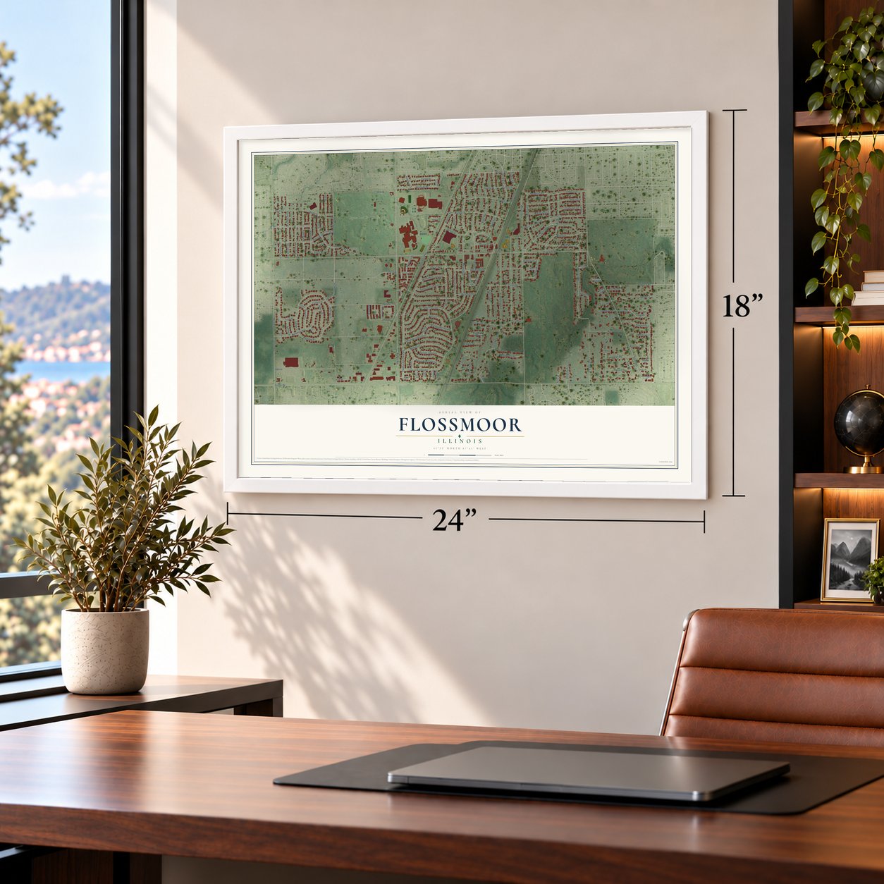 Flossmoor, Illinois map, 18 x 24 inch print in a white frame in a home office