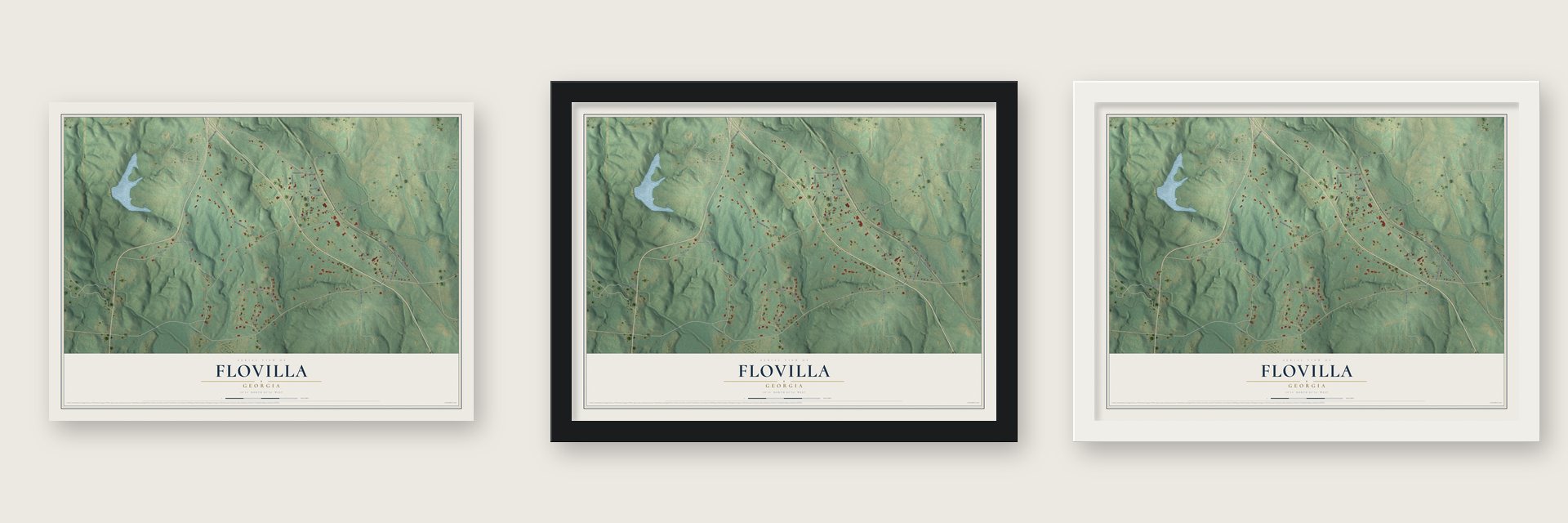 Flovilla, Georgia map unframed, in a black wood frame and in a white wood frame