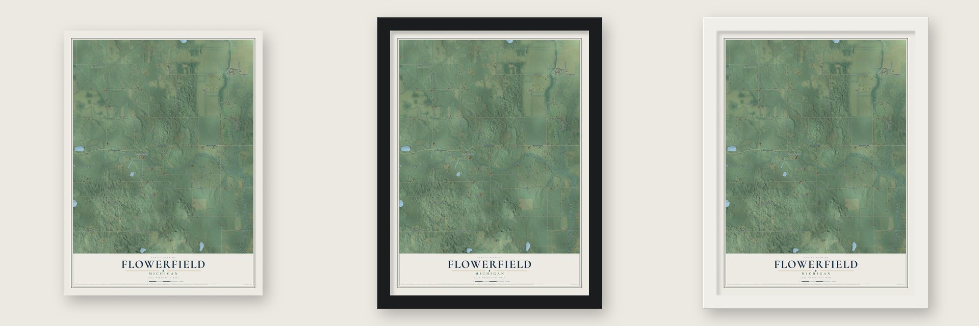 Flowerfield, Michigan map unframed, in a black wood frame and in a white wood frame