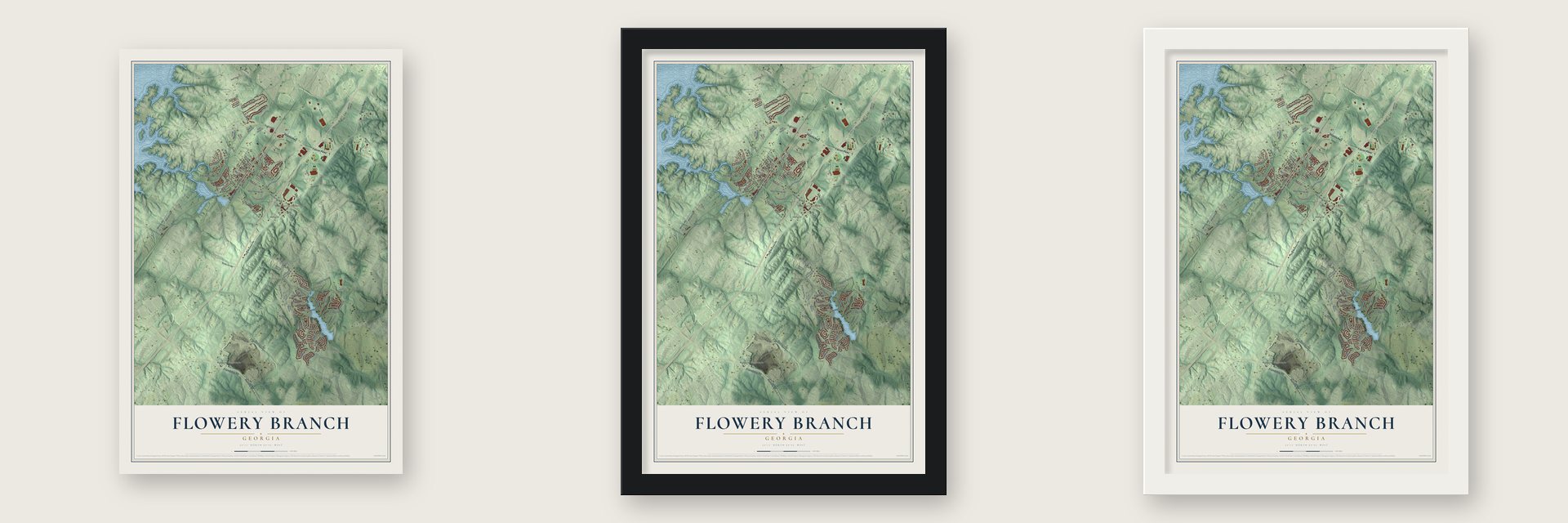 Flowery Branch, Georgia map unframed, in a black wood frame and in a white wood frame