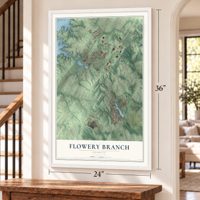 Flowery Branch, Georgia map, 24 x 36 inch print in a white frame by a staircase