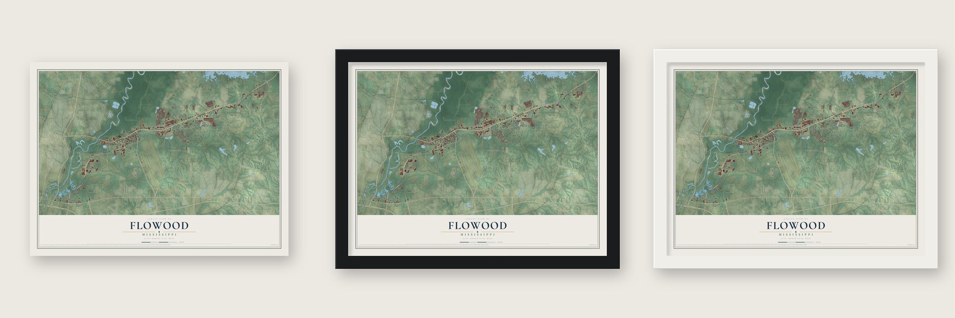 Flowood, Mississippi map unframed, in a black wood frame and in a white wood frame