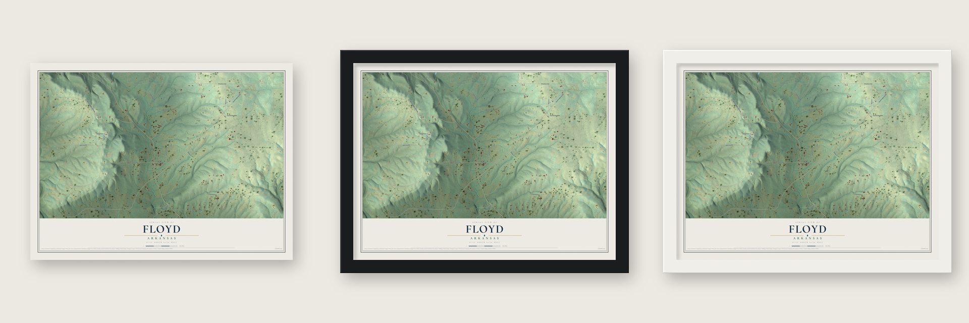 Floyd, Arkansas map unframed, in a black wood frame and in a white wood frame