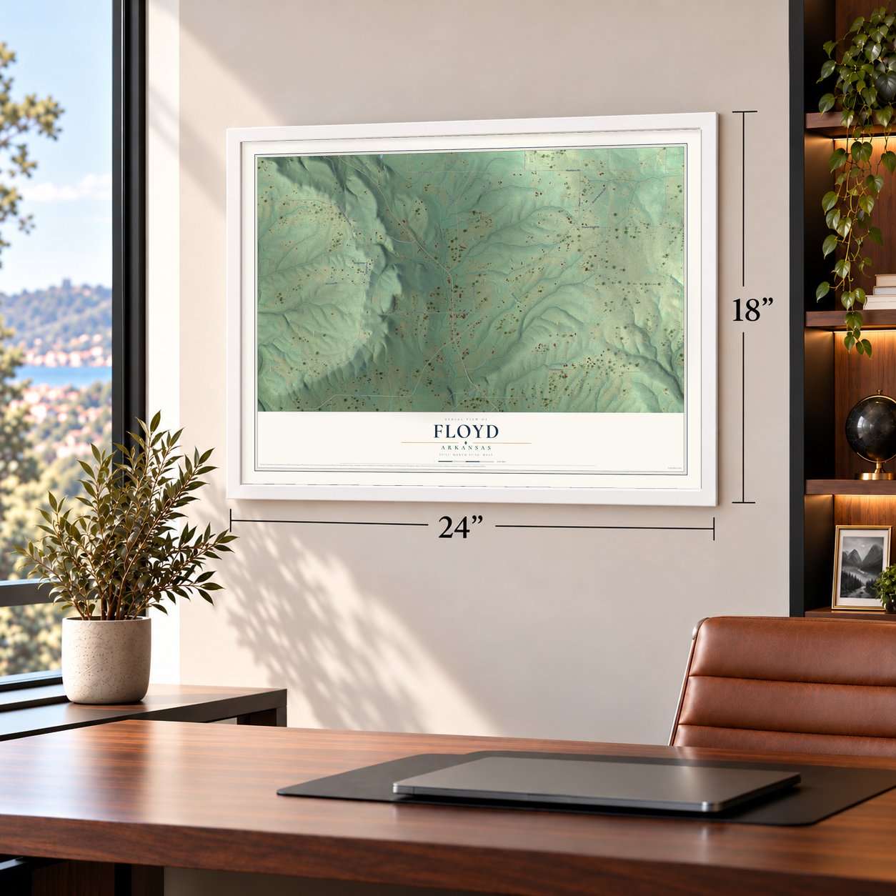 Floyd, Arkansas map, 18 x 24 inch print in a white frame in a home office