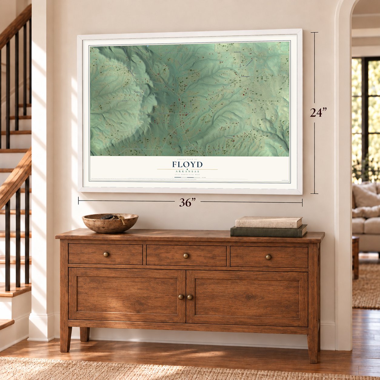 Floyd, Arkansas map, 24 x 36 inch print in a white frame above a dresser by a staircase