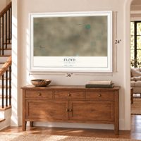 Floyd, New Mexico map, 24 x 36 inch print in a white frame above a dresser by a staircase