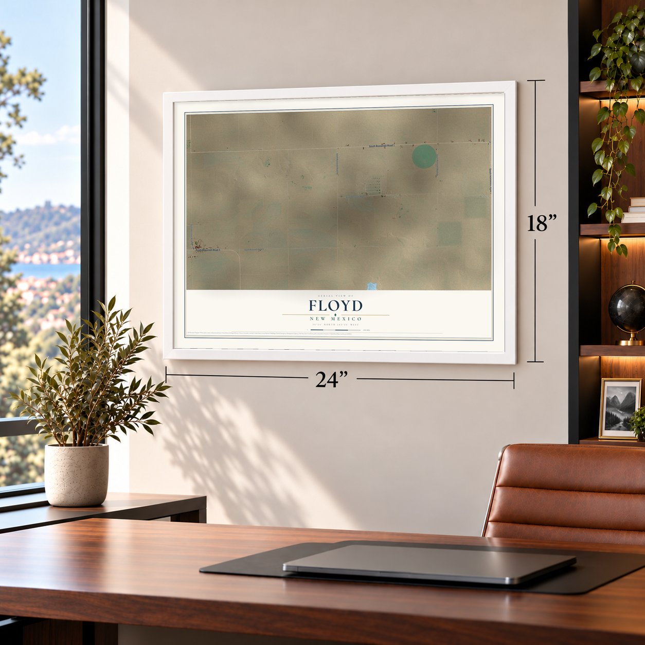 Floyd, New Mexico map, 18 x 24 inch print in a white frame in a home office